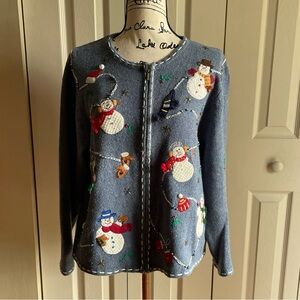 Ambra Blue Full Zip Christmas Sweater With Snowmen Cardigan Wool/Cotton L
